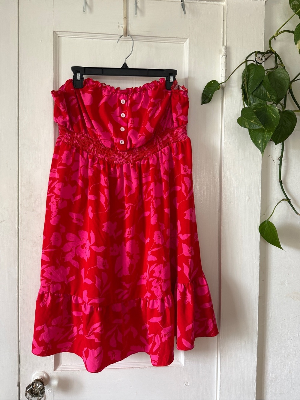 SHEIN Red & Pink Floral Strapless Smocked Skater Skirt dress